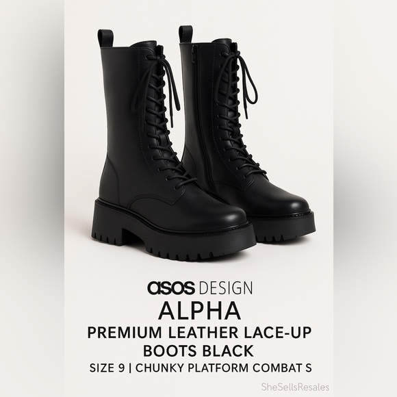 ASOS DESIGN Alpha Premium Leather Lace-Up Boots Black Size 9 | Chunky Platform - Picture 2 of 10